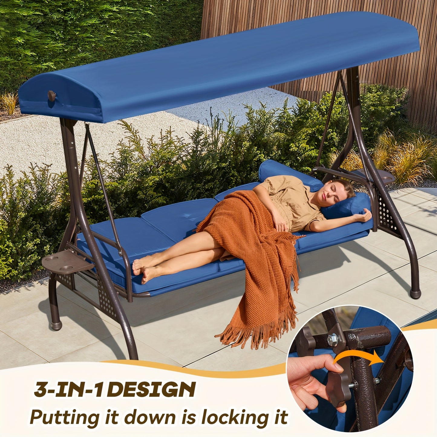 3 In 1 Outdoor Porch Swing With Adjustable Canopy 3 Seat Outdoor Swing For Adults Patio Swing Chair With Thickened Cushions Pillows And Cup Holders For Backyard Porch Garden Blue