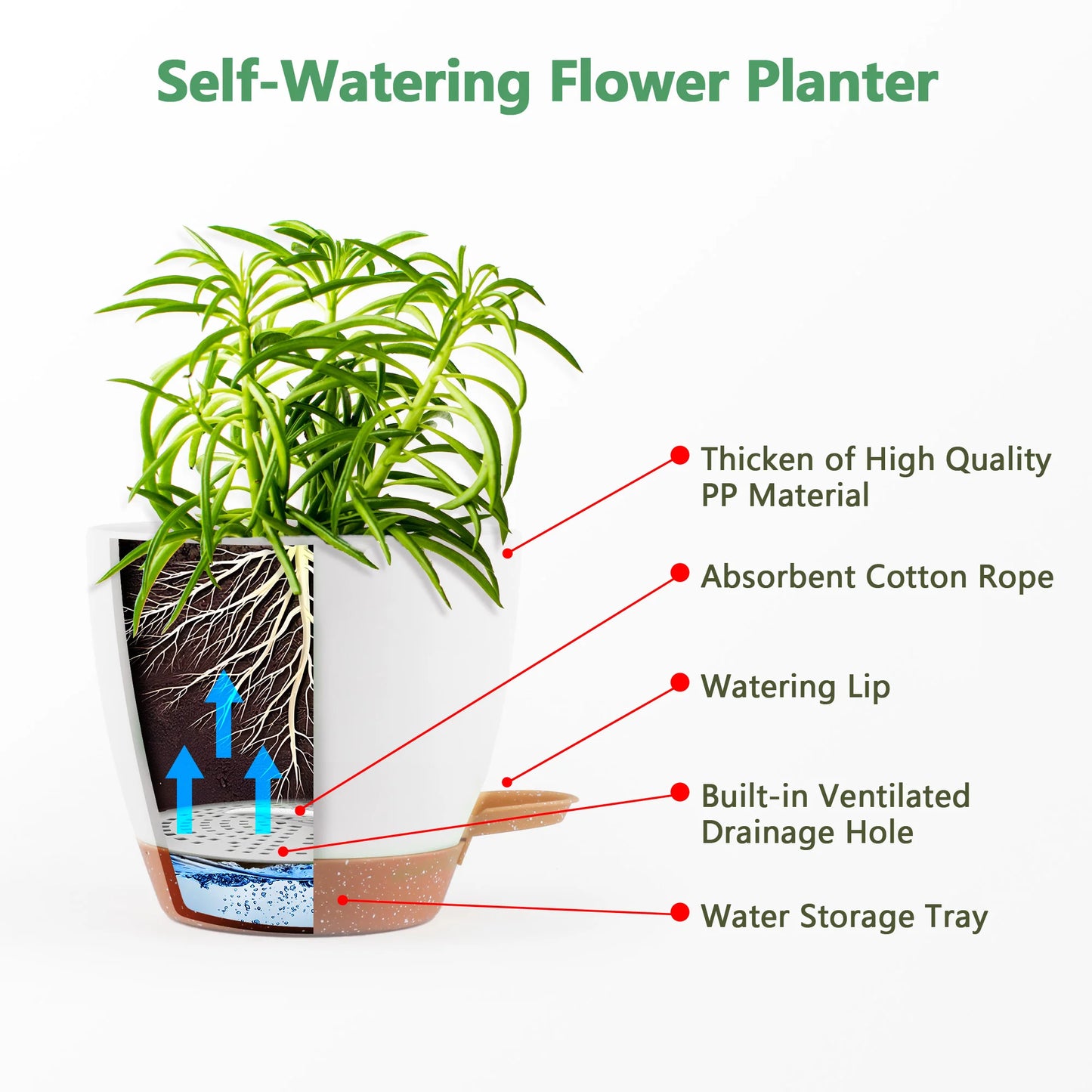 5 Piece Self Watering Planters Set with Drainage Holes and Saucers for Indoor Nursery Planting Pots 5 to 7 Inches