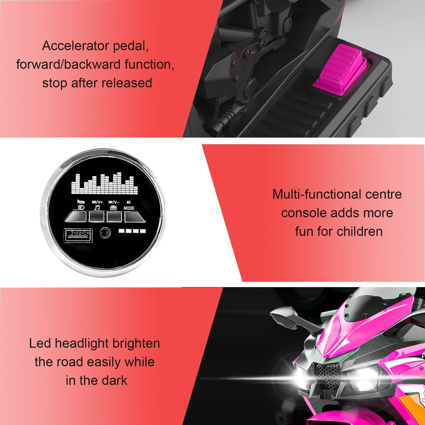 Electric Motorcycle for Kids, 12V Battery Powered Ride on Toys 3 Wheels Motorcycle with LED Lights and Music