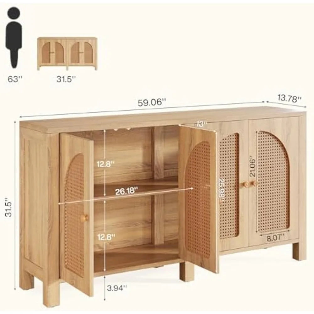 HUANZHUANG Sideboard Buffet Cabinet Rattan Credenza