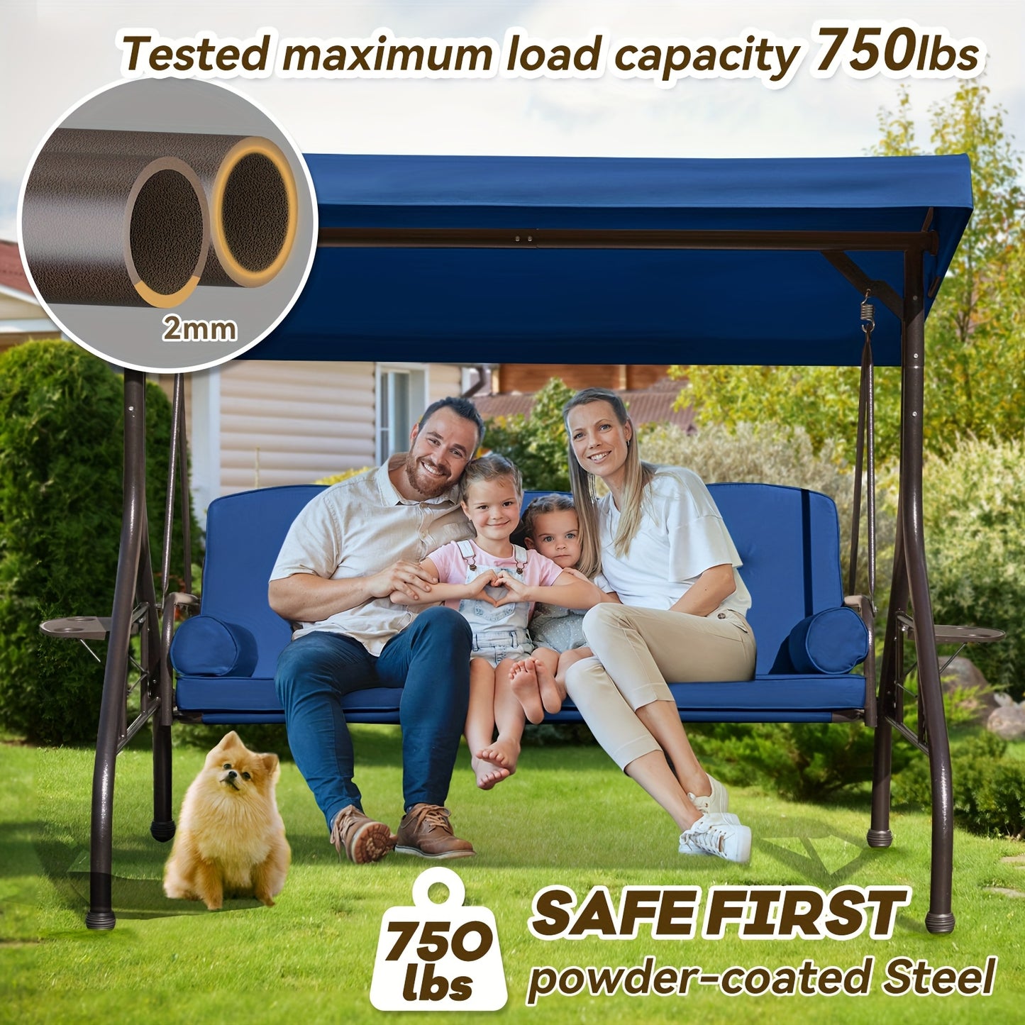 3 In 1 Outdoor Porch Swing With Adjustable Canopy 3 Seat Outdoor Swing For Adults Patio Swing Chair With Thickened Cushions Pillows And Cup Holders For Backyard Porch Garden Blue
