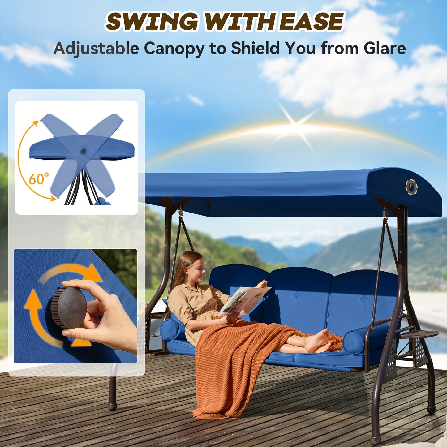 3 In 1 Outdoor Porch Swing With Adjustable Canopy 3 Seat Outdoor Swing For Adults Patio Swing Chair With Thickened Cushions Pillows And Cup Holders For Backyard Porch Garden Blue