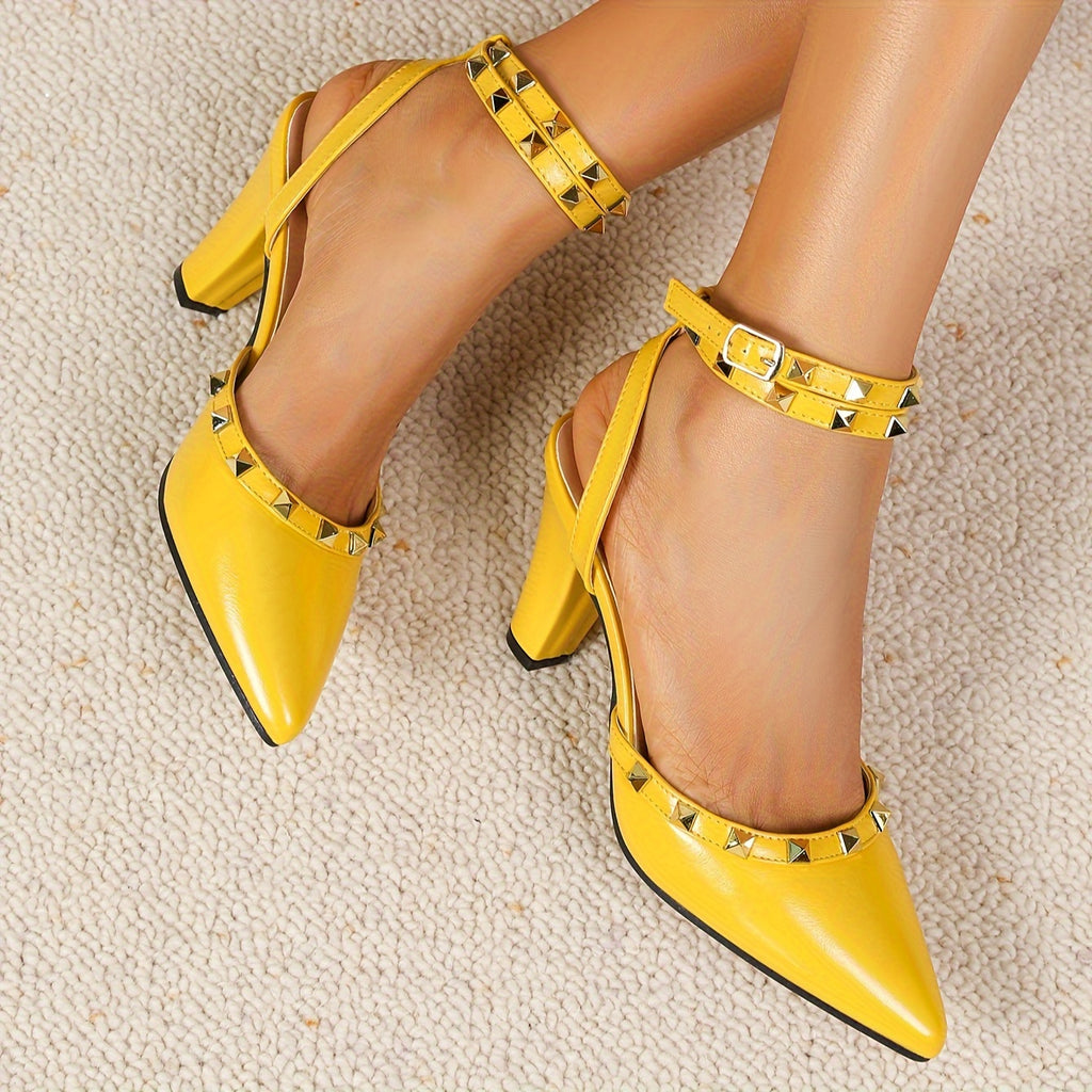 [Chunky Heel Studded High Heels] Women's Fashionable Pointed Toe Chunky Heel Studded High Heels, Elegant in European And American Style, Suitable for Pairing with Any Outfit in Various Occasions