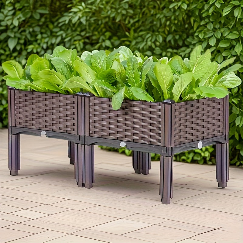 Dual Compartment Raised Garden Bed Kit Durable Plastic Weather Resistant Rectangular Planter Box for Courtyard Garden Patio Includes Multiple Components for Easy Setup