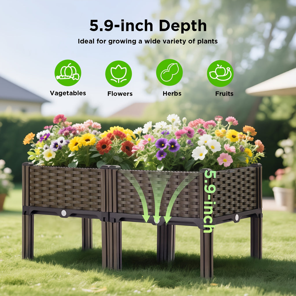3 Pieces Raised Garden Bed with Legs Black Woven Plastic Planter for Outdoor Use Perfect for Flowers Vegetables and Herbs