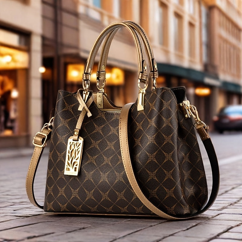 Wo 's High Quality Top-Grain Genuine Leather Handbag with Adjustable   Strap - Large Capacity Geometric Print Handbag, Zipper Closure & Polyester Lining, Available in /Dark Brown/Wine Red/Black for Work, Travel, Shopping, Wor