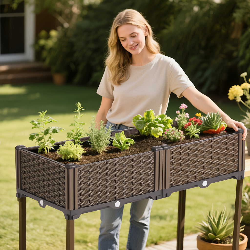 3 Pieces Raised Garden Bed with Legs Black Woven Plastic Planter for Outdoor Use Perfect for Flowers Vegetables and Herbs
