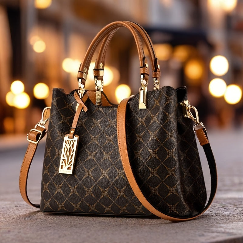 Wo 's High Quality Top-Grain Genuine Leather Handbag with Adjustable   Strap - Large Capacity Geometric Print Handbag, Zipper Closure & Polyester Lining, Available in /Dark Brown/Wine Red/Black for Work, Travel, Shopping, Wor