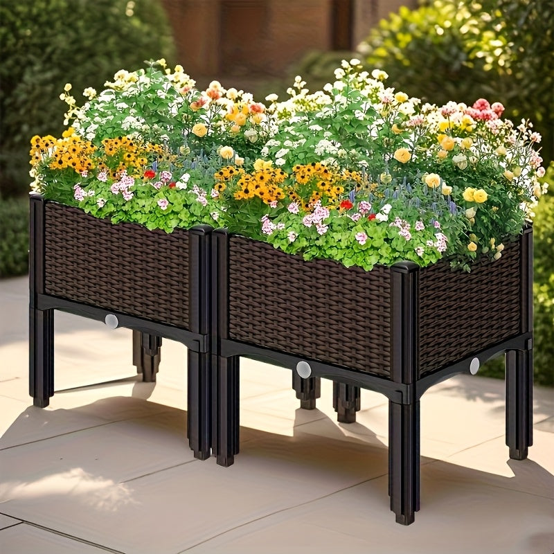 Dual Compartment Raised Garden Bed Kit Durable Plastic Weather Resistant Rectangular Planter Box for Courtyard Garden Patio Includes Multiple Components for Easy Setup