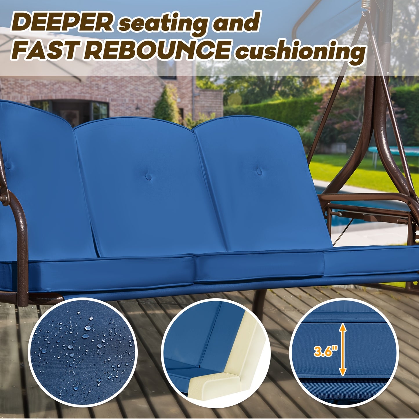 3 In 1 Outdoor Porch Swing With Adjustable Canopy 3 Seat Outdoor Swing For Adults Patio Swing Chair With Thickened Cushions Pillows And Cup Holders For Backyard Porch Garden Blue