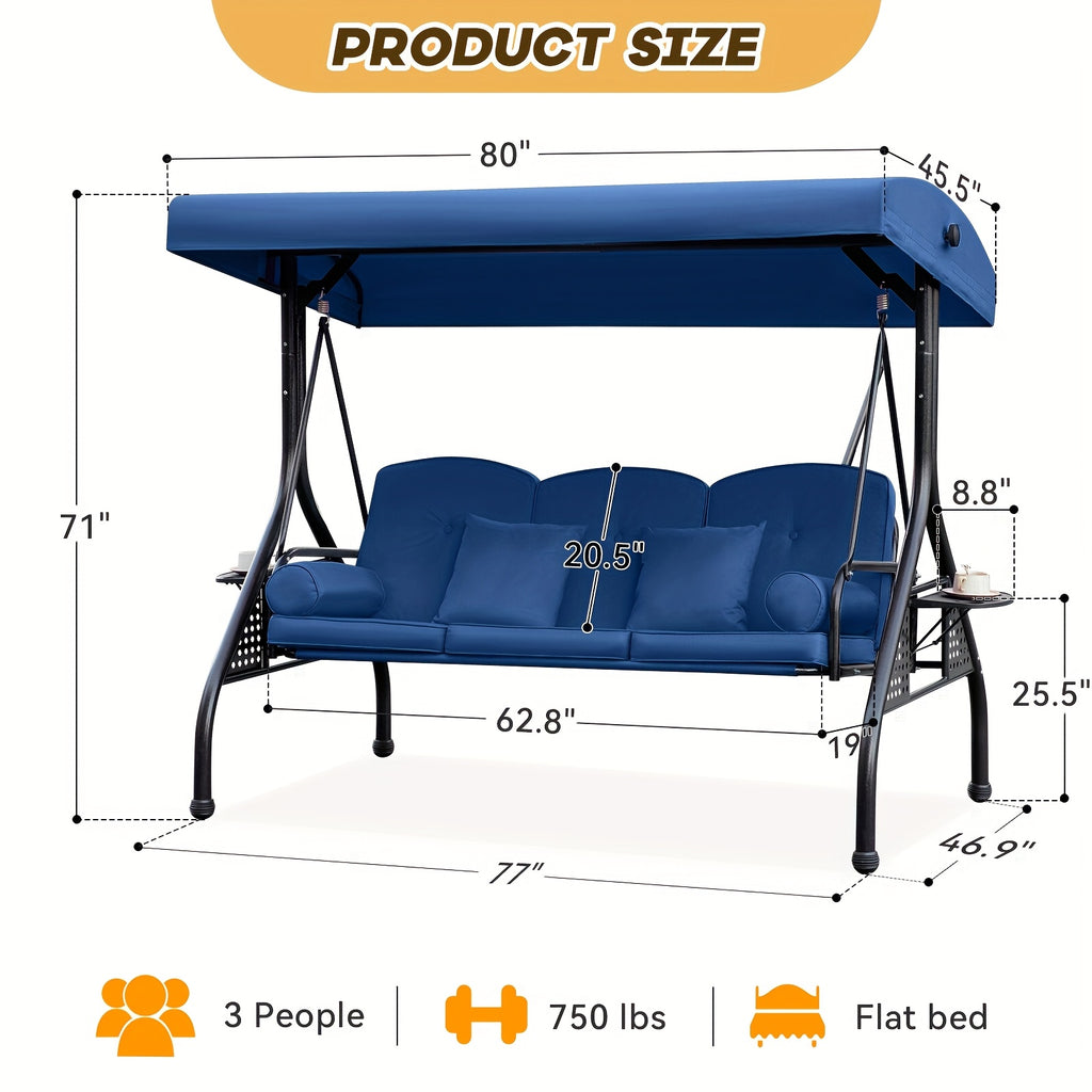 3 In 1 Outdoor Porch Swing With Adjustable Canopy 3 Seat Outdoor Swing For Adults Patio Swing Chair With Thickened Cushions Pillows And Cup Holders For Backyard Porch Garden Blue