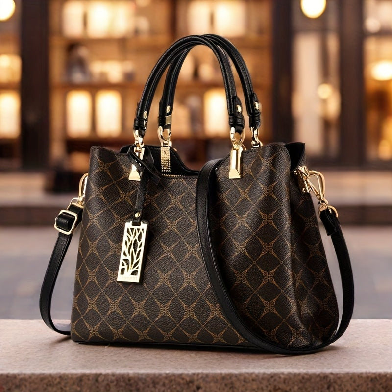 Wo 's High Quality Top-Grain Genuine Leather Handbag with Adjustable   Strap - Large Capacity Geometric Print Handbag, Zipper Closure & Polyester Lining, Available in /Dark Brown/Wine Red/Black for Work, Travel, Shopping, Wor