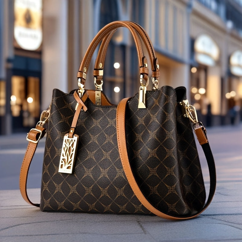Wo 's High Quality Top-Grain Genuine Leather Handbag with Adjustable   Strap - Large Capacity Geometric Print Handbag, Zipper Closure & Polyester Lining, Available in /Dark Brown/Wine Red/Black for Work, Travel, Shopping, Wor