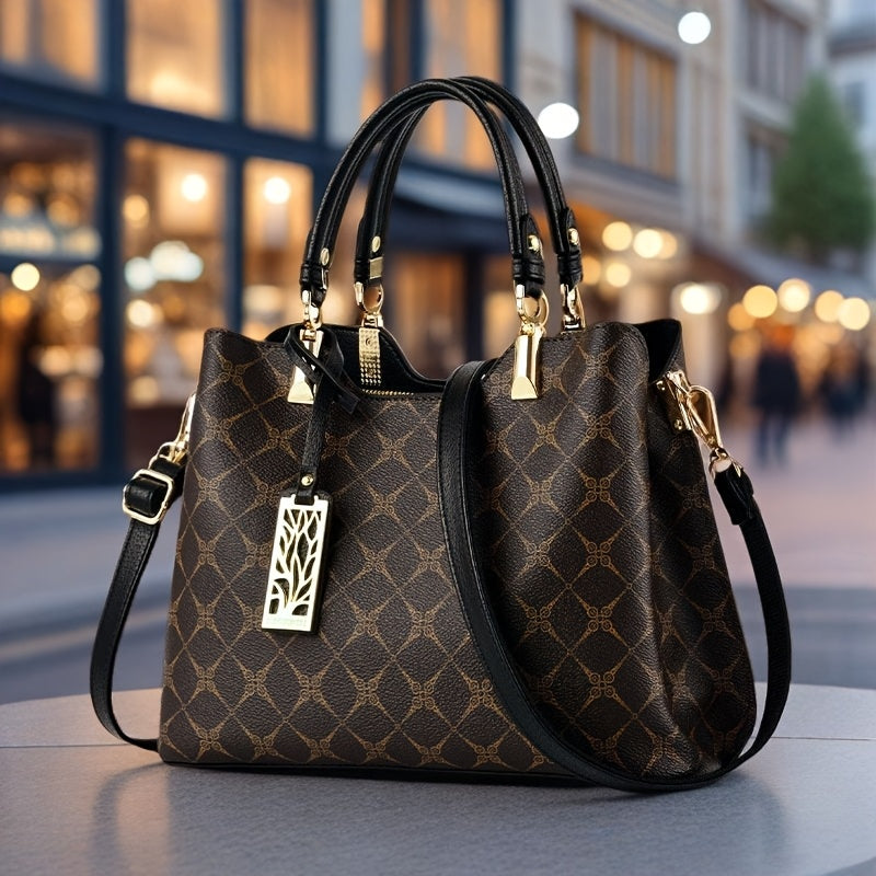 Wo 's High Quality Top-Grain Genuine Leather Handbag with Adjustable   Strap - Large Capacity Geometric Print Handbag, Zipper Closure & Polyester Lining, Available in /Dark Brown/Wine Red/Black for Work, Travel, Shopping, Wor