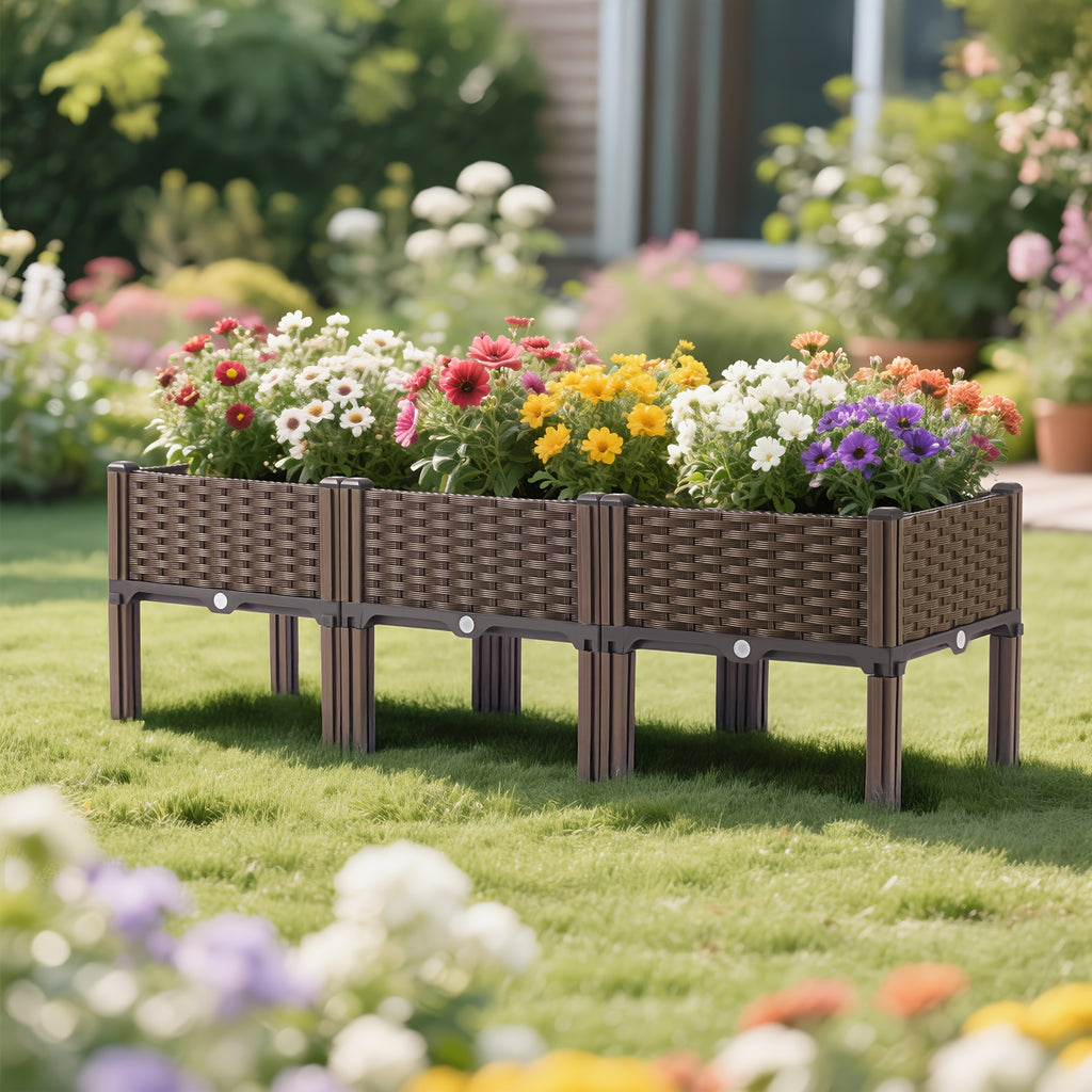3 Pieces Raised Garden Bed with Legs Black Woven Plastic Planter for Outdoor Use Perfect for Flowers Vegetables and Herbs