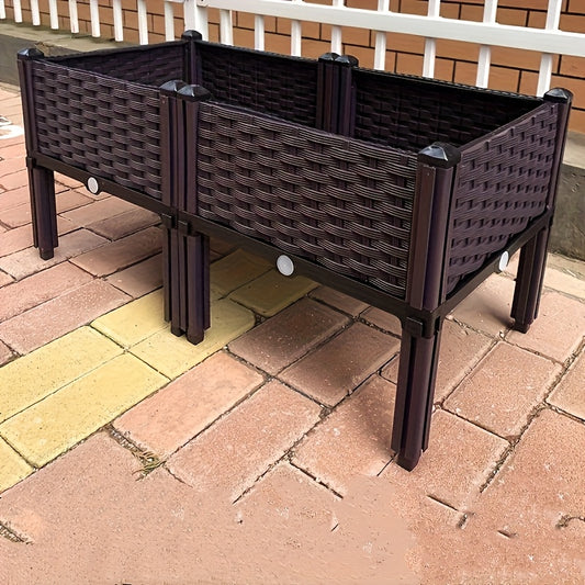 Dual Compartment Raised Garden Bed Kit Durable Plastic Weather Resistant Rectangular Planter Box for Courtyard Garden Patio Includes Multiple Components for Easy Setup