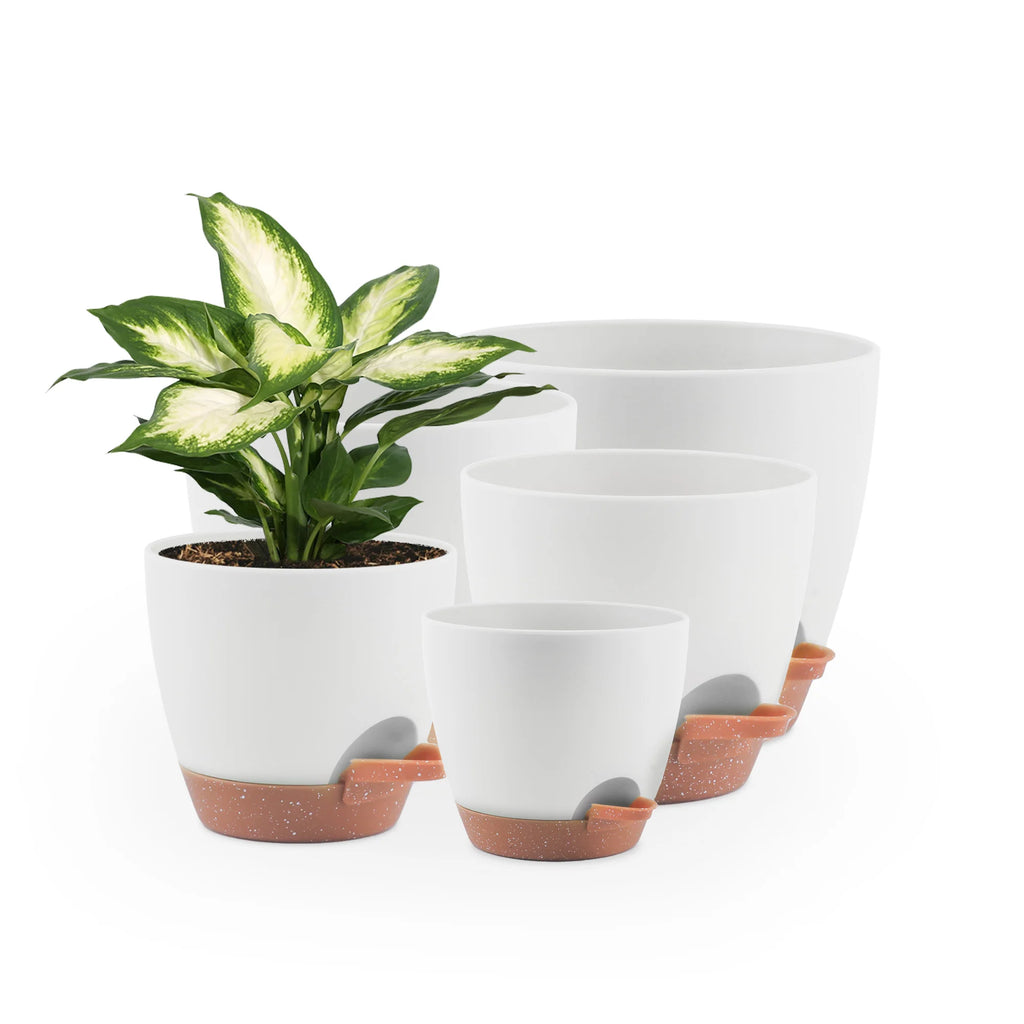 5 Piece Self Watering Planters Set with Drainage Holes and Saucers for Indoor Nursery Planting Pots 5 to 7 Inches