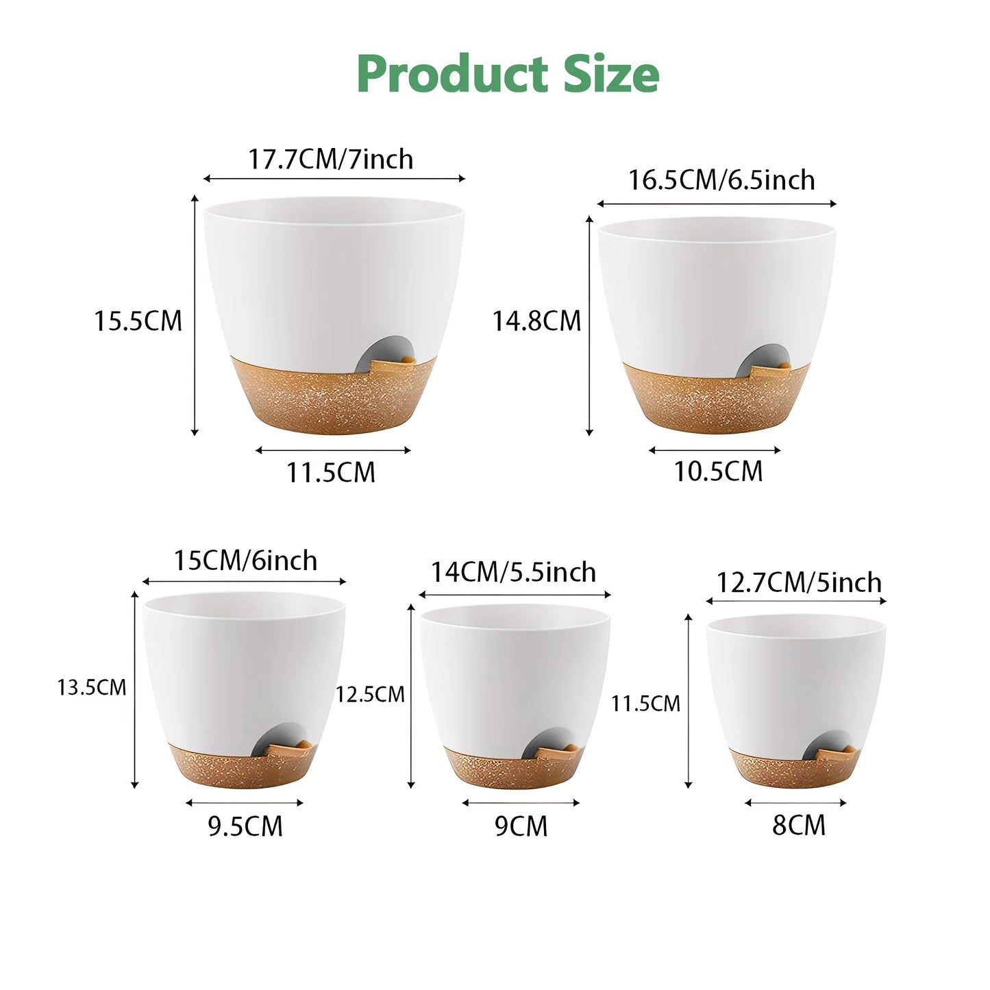 5 Piece Self Watering Planters Set with Drainage Holes and Saucers for Indoor Nursery Planting Pots 5 to 7 Inches