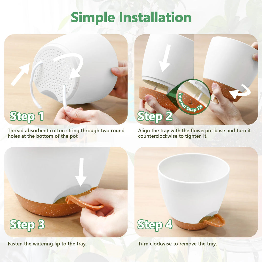 5 Piece Self Watering Planters Set with Drainage Holes and Saucers for Indoor Nursery Planting Pots 5 to 7 Inches