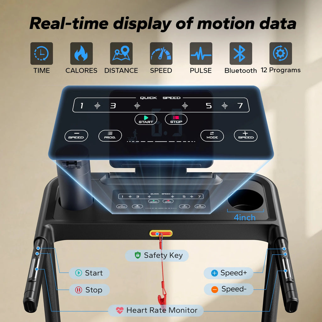 MERACH Foldable Treadmill T12 Incline Quiet Treadmills Double Deck Technology 4 Silicone Shock Cushion Heart Rate Monitoring