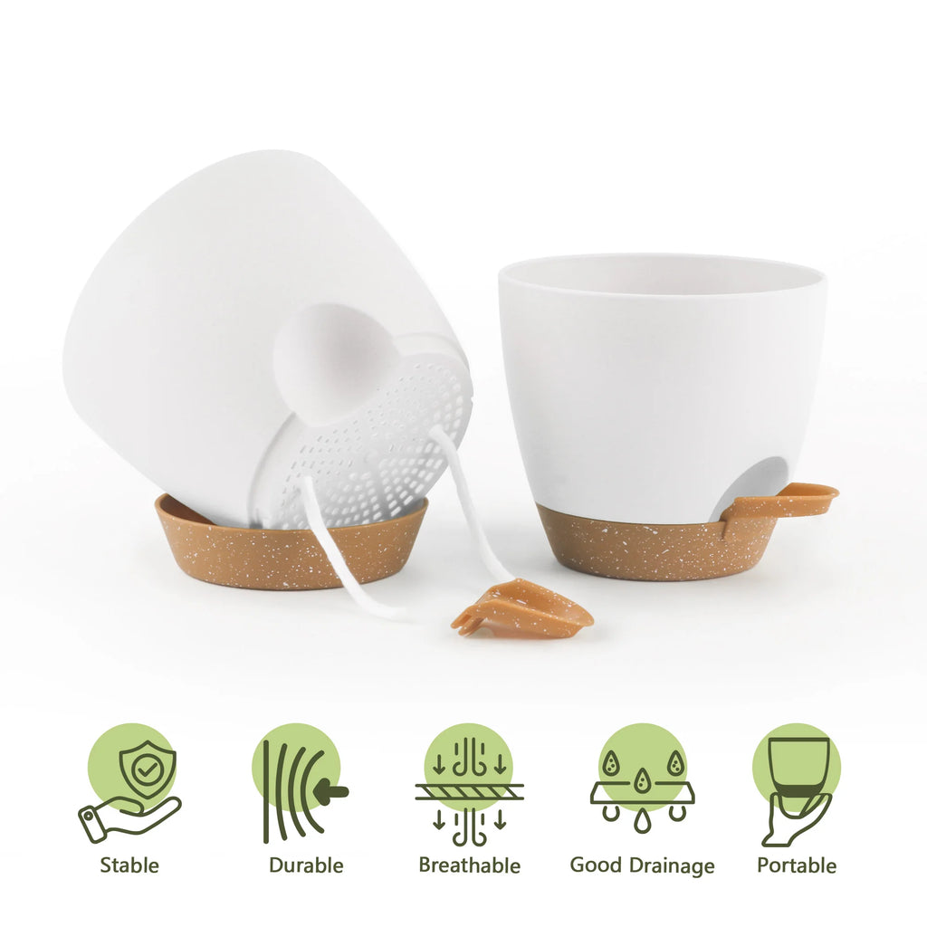 5 Piece Self Watering Planters Set with Drainage Holes and Saucers for Indoor Nursery Planting Pots 5 to 7 Inches