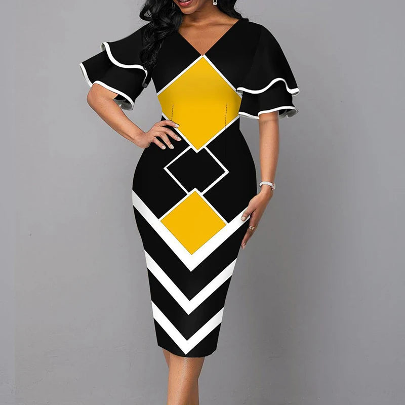 Elegant Women Dress V Neck Short Sleeve Slim Patchwork Dress