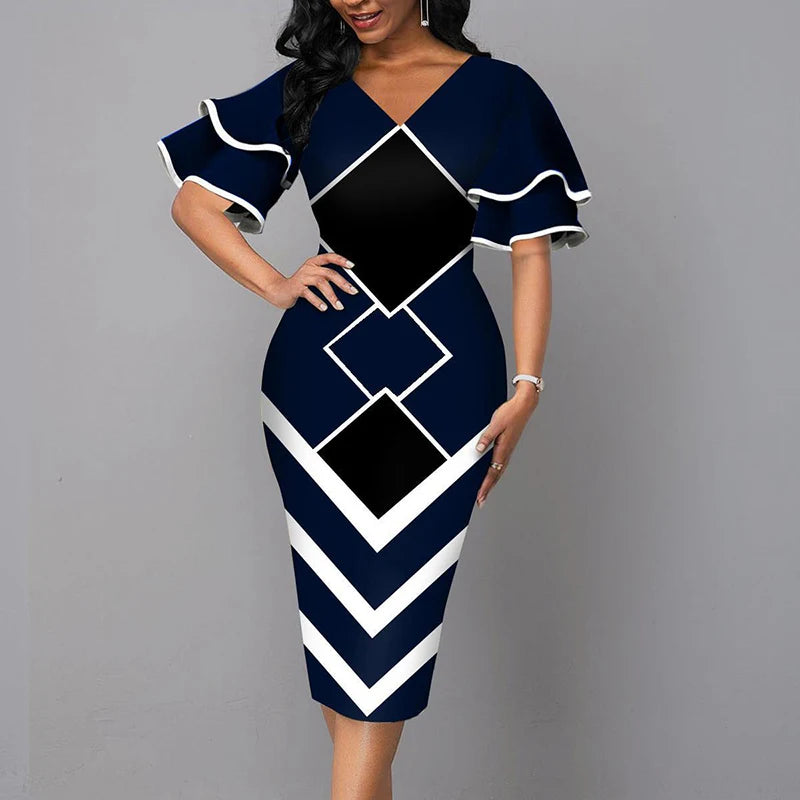 Elegant Women Dress V Neck Short Sleeve Slim Patchwork Dress