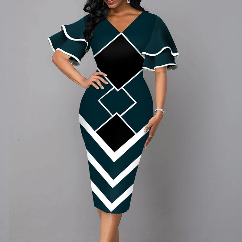 Elegant Women Dress V Neck Short Sleeve Slim Patchwork Dress