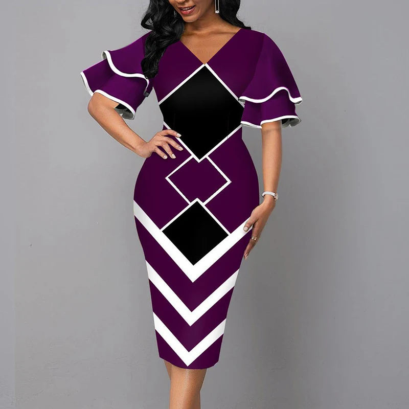 Elegant Women Dress V Neck Short Sleeve Slim Patchwork Dress