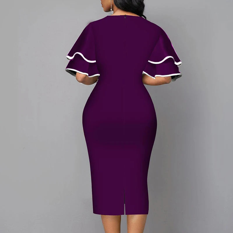 Elegant Women Dress V Neck Short Sleeve Slim Patchwork Dress
