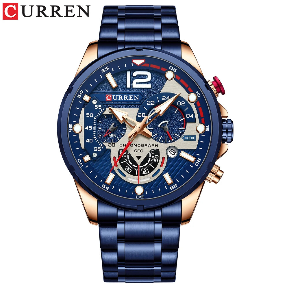Curren Mens Quartz Chronograph Watch Waterproof Date Stainless Steel Band