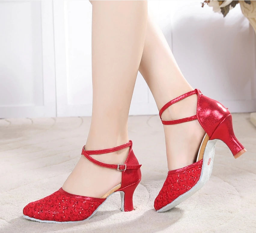 High Quality Latin Dance Shoes for Women Girls Red Woven Style Comfortable Durable Brown Leather 7cm PU Canvas Soft Ballet