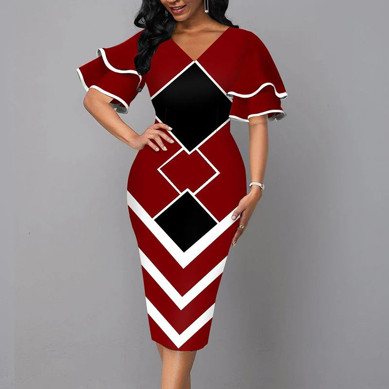 Elegant Women Dress V Neck Short Sleeve Slim Patchwork Dress