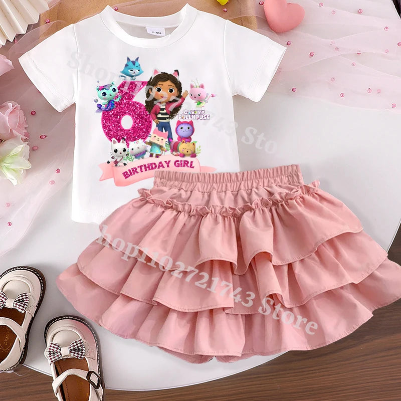 Gabby's Dollhouse Sweet Skit T-shirt Set for Girls Anime Cartoon Fashion Dress Short Sleeved Shirt Suit Children Summer Clothes