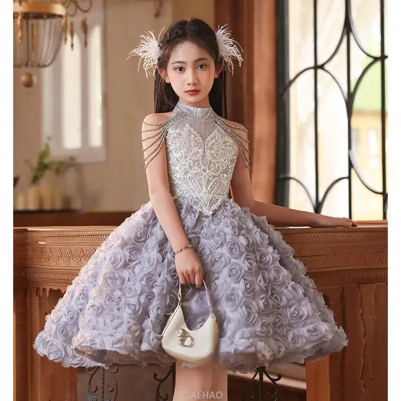 2025 Girls Princess Dress Short Birthday Party Pageant Gown Kids Costume Piano Recital Formal Outfit Children Summer Clothes