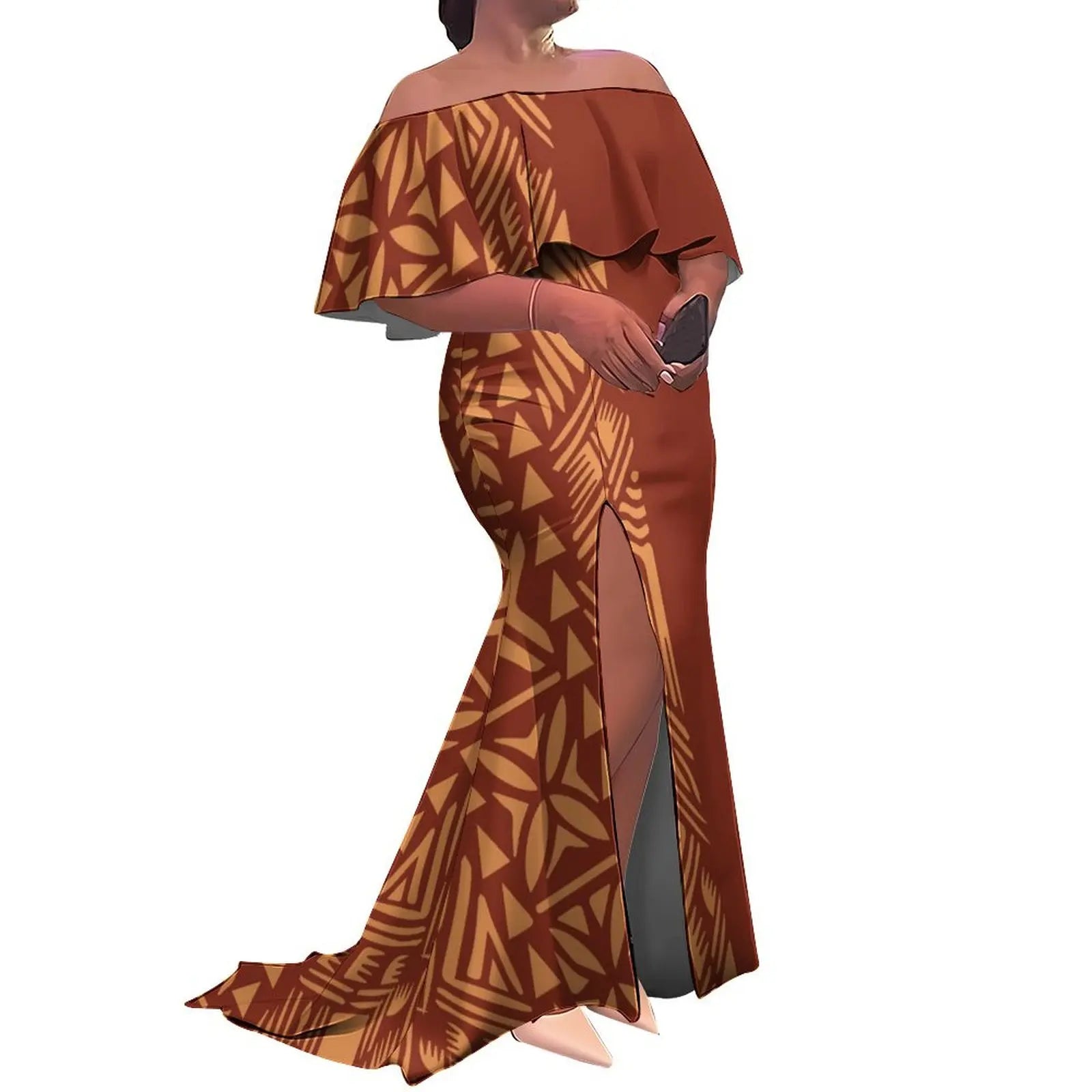 Tax Included Custom  Polynesian Tribal Design  Print Slit Pleated Plus Size Mermaid Dress Off Shoulder Prom Women Dress