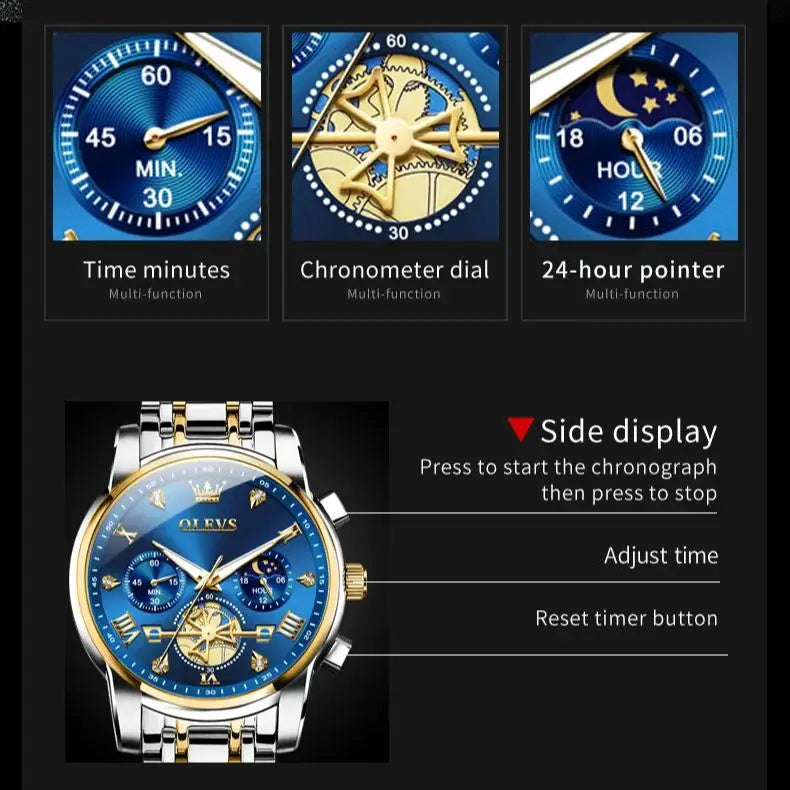 OLEVS Flywheel Skeleton Chronograph Moon Phase Quartz Watch For Men