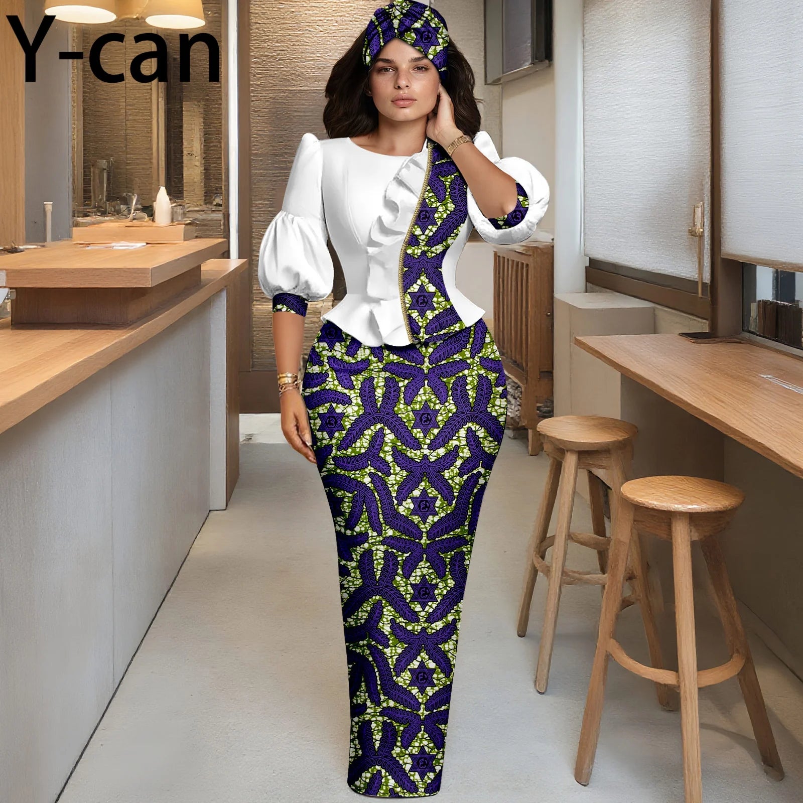 Y-can African Women Skirt Set With Headwrap and Ruffled Top