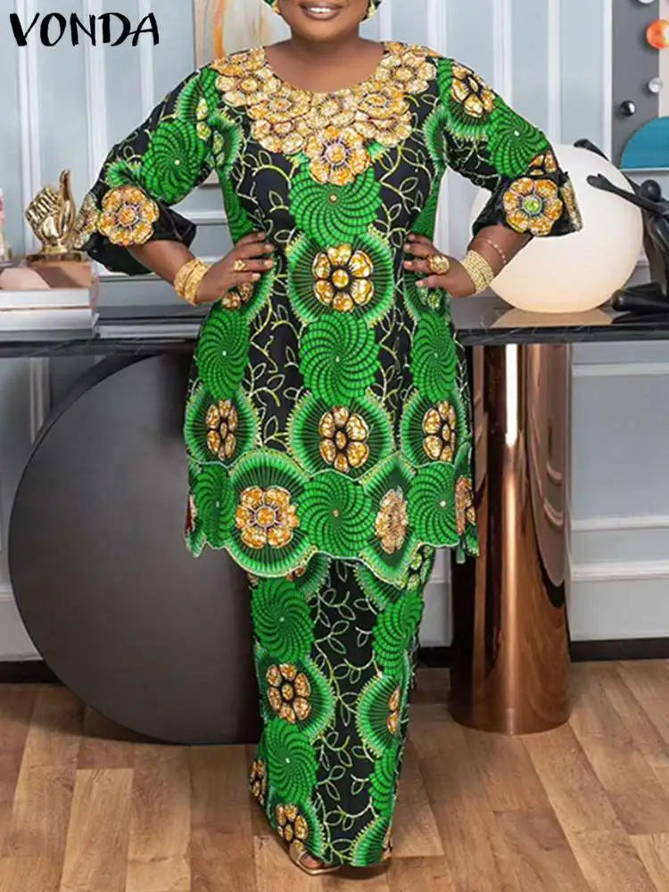 VONDA Women Sets 2024 Elegant Tops And Skirts Suits Flare Sleeve Floral Printed Blouse And H Line Maxi Skirts 2Pcs Matching Sets
