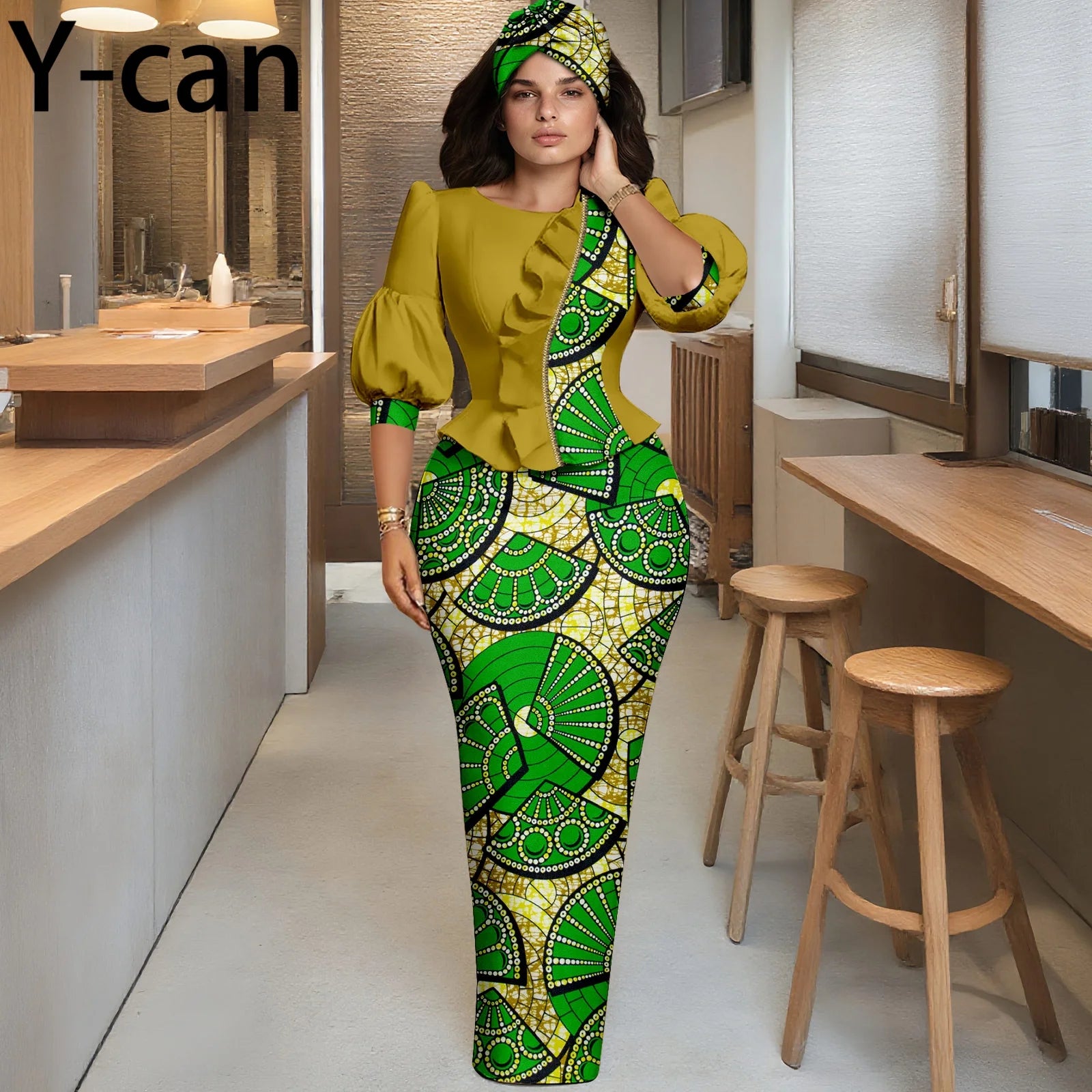 Y-can African Women Skirt Set With Headwrap and Ruffled Top