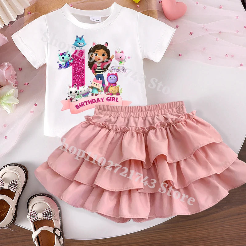 Gabby's Dollhouse Sweet Skit T-shirt Set for Girls Anime Cartoon Fashion Dress Short Sleeved Shirt Suit Children Summer Clothes