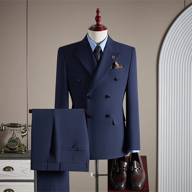 NONECN Men's Double Breasted Wedding Suit Set Slim Fit Three-Piece