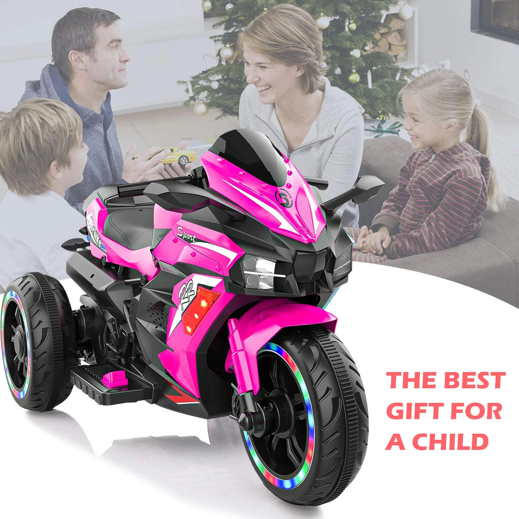 Electric Motorcycle for Kids, 12V Battery Powered Ride on Toys 3 Wheels Motorcycle with LED Lights and Music