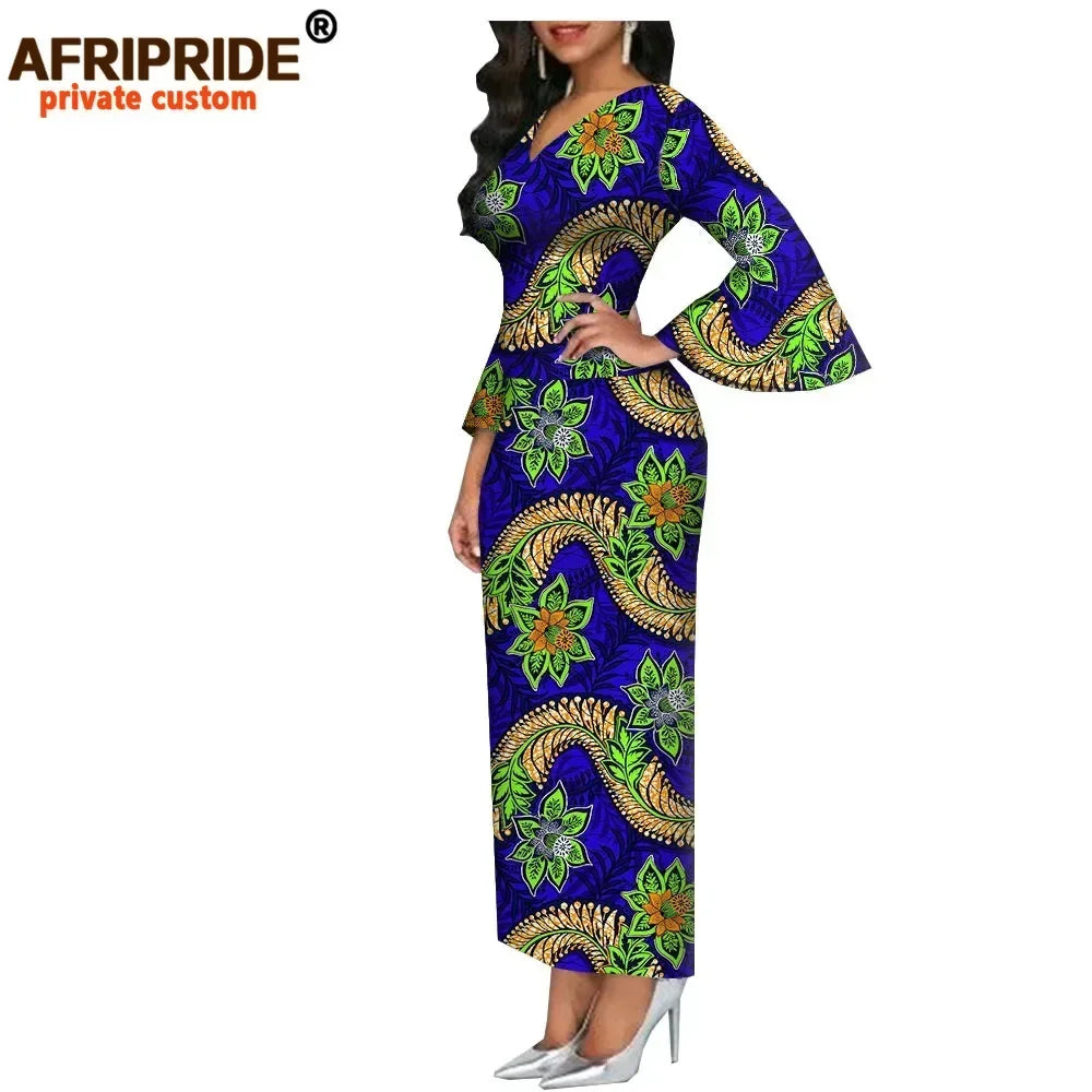 Women`s African Dresses Dashiki Outfits Print Bodycon Long Maxi Dress V Neck Flare Sleeve Party Wedding AFRIPRIDE A1925048