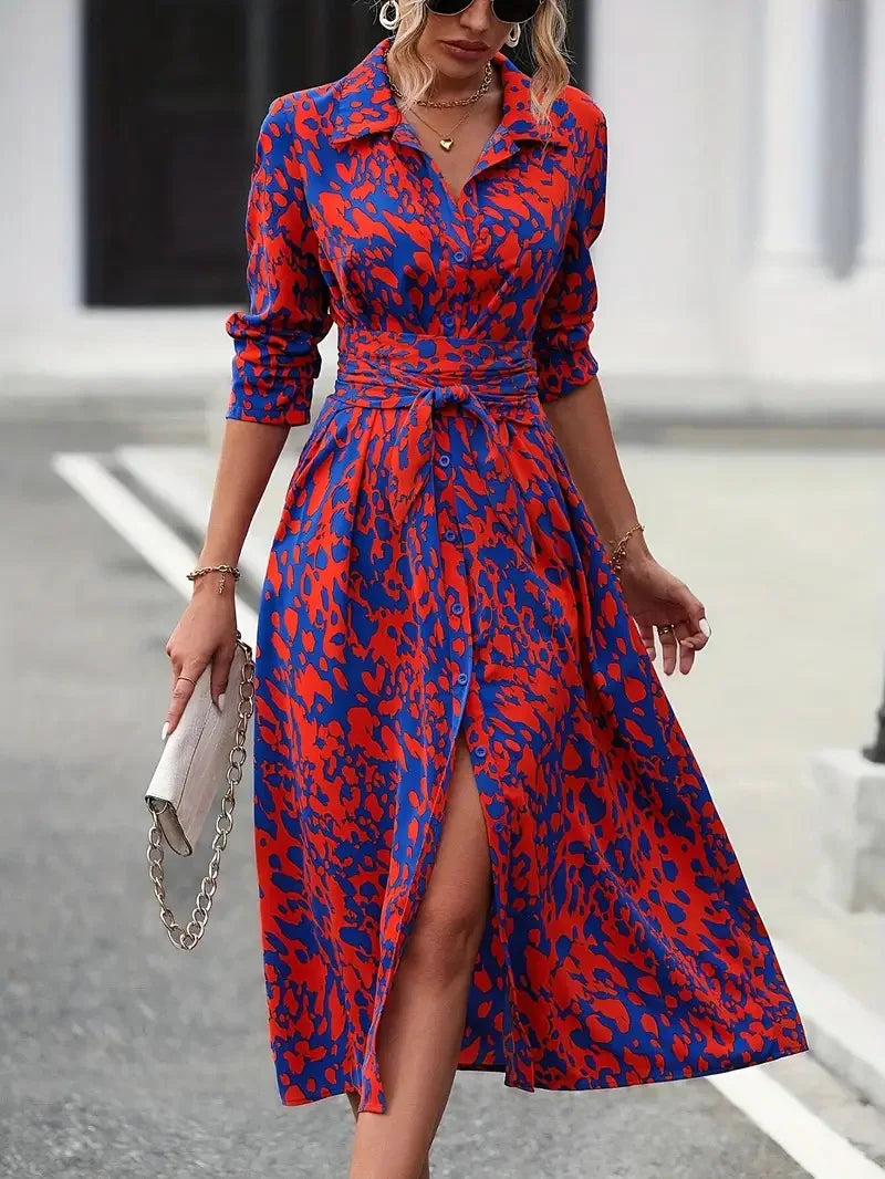 MLZECN European And American Printed Long Sleeve Aline Dress