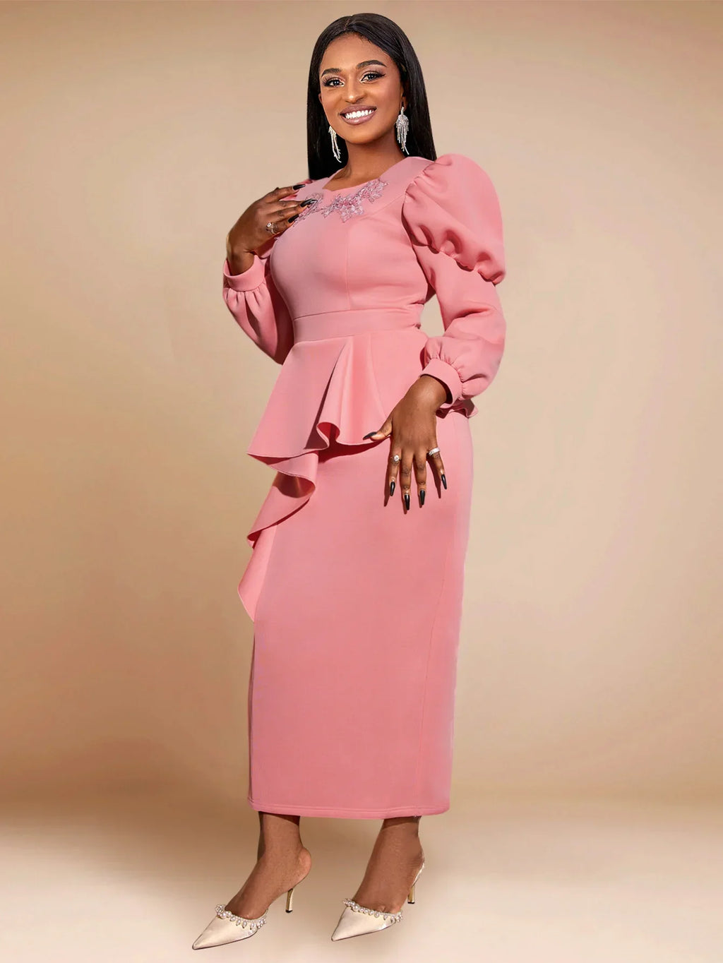 AOMEICN Long Sleeve Peplum Dress For Women High Waist