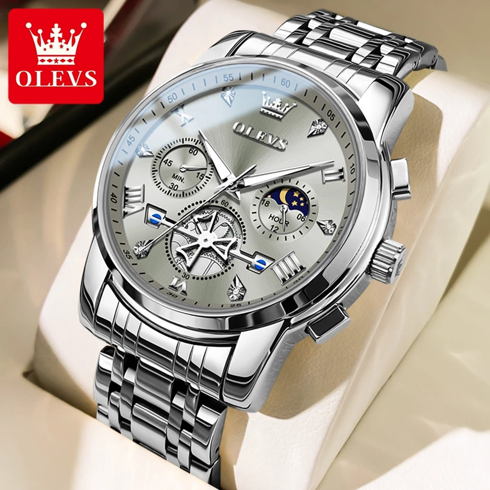 OLEVS 2856 Quartz Men Watch Flywheel Skeleton Chronograph Moon Phase