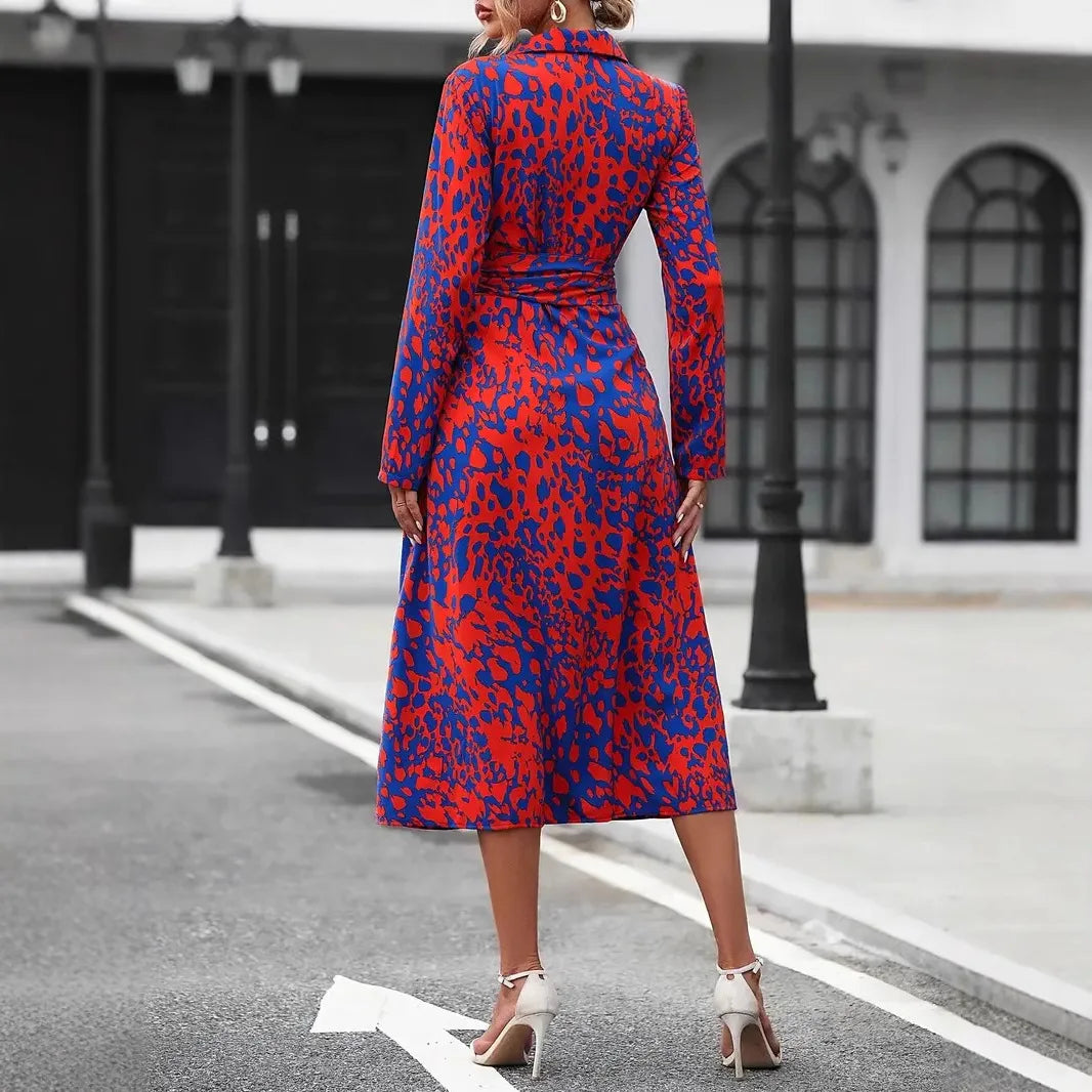 MLZECN European And American Printed Long Sleeve Aline Dress