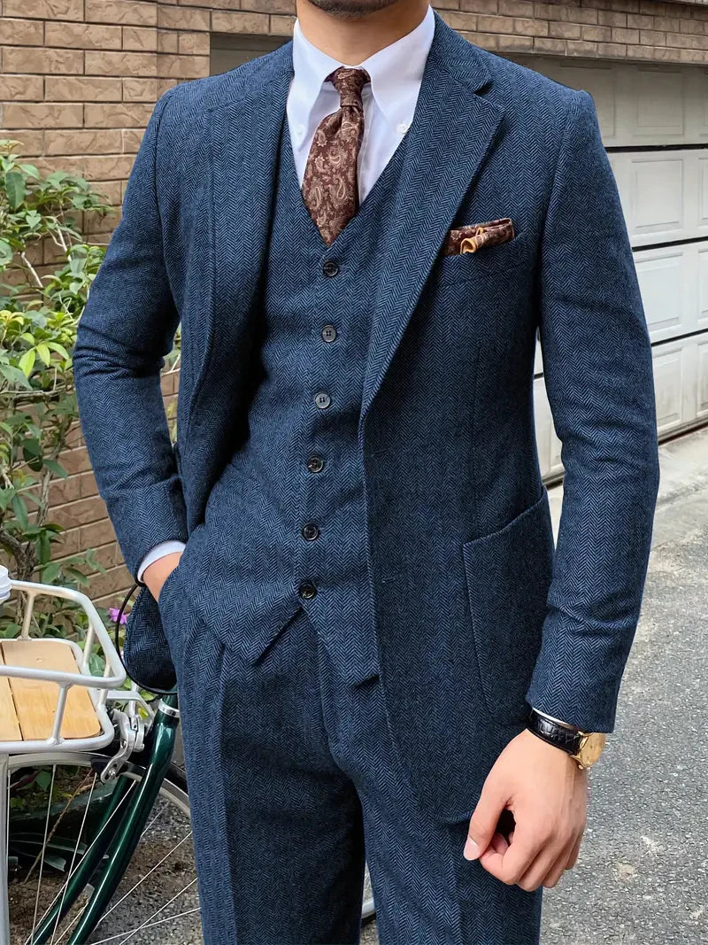 SOLOVEDRESSCN Elegant 3pc Mens Tweed Herringbone WoolBlend Suit Jacket Vest Pants