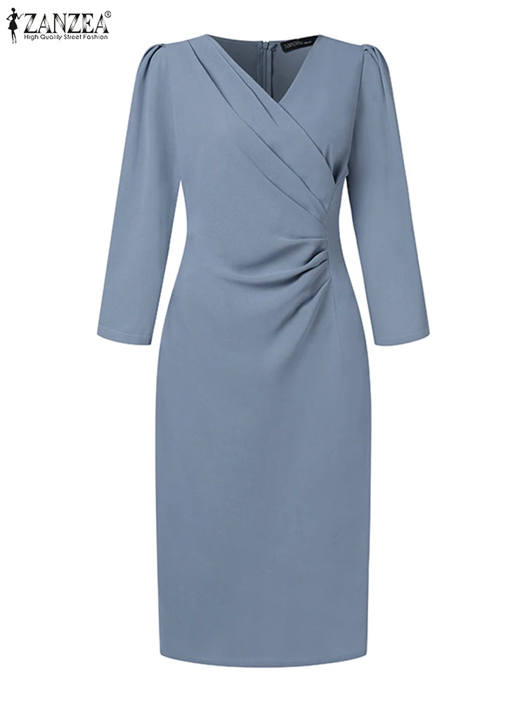 ZANZEA Women’s Elegant Bodycon Party Dress, Sexy V-Neck Knee Length Dress 3/4 Sleeve Ruched Waist, Summer Office Woman Clothes
